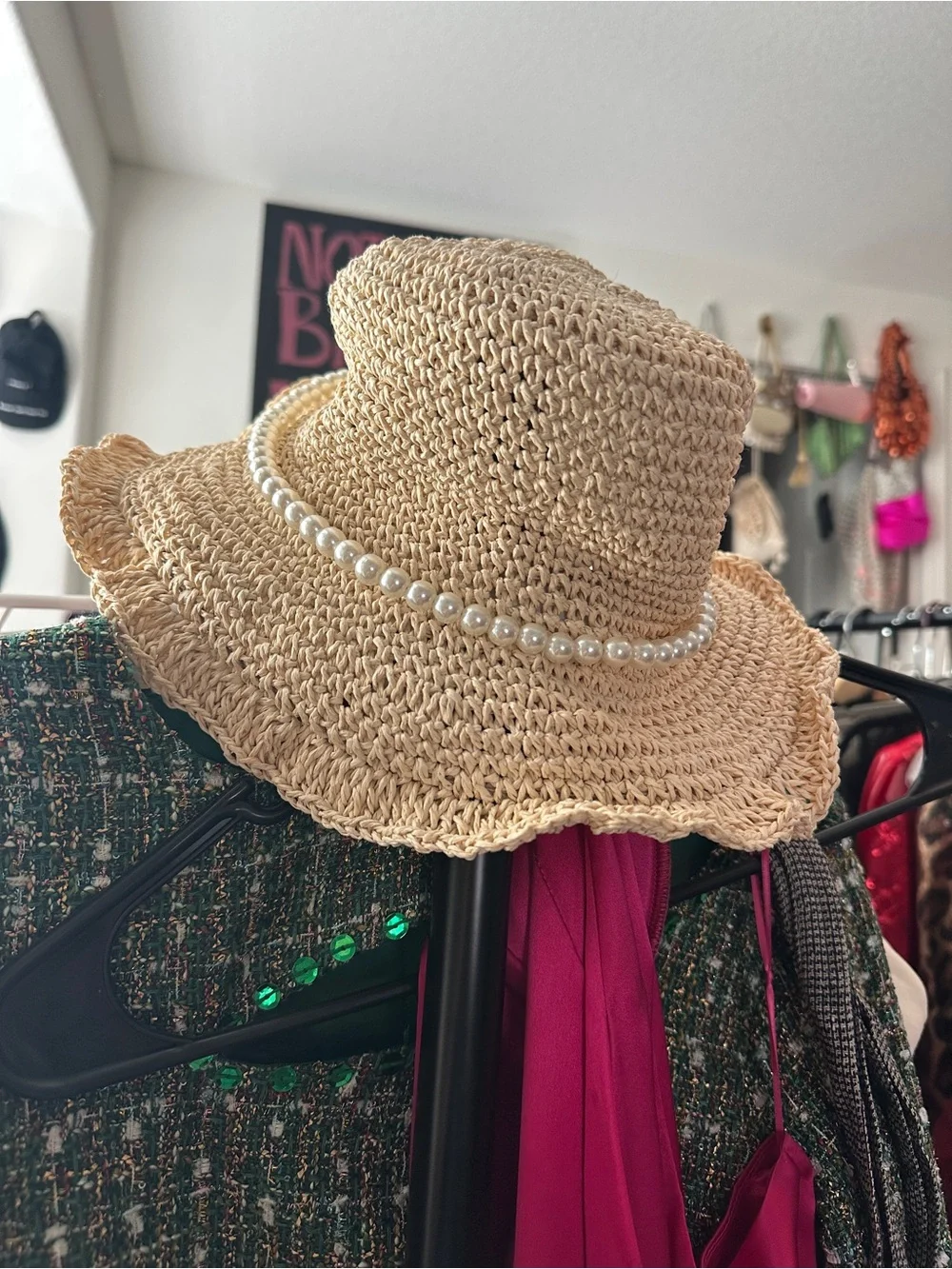 Pearl-Trim Woven Sun Hat in Beige - Picture 1 of 3